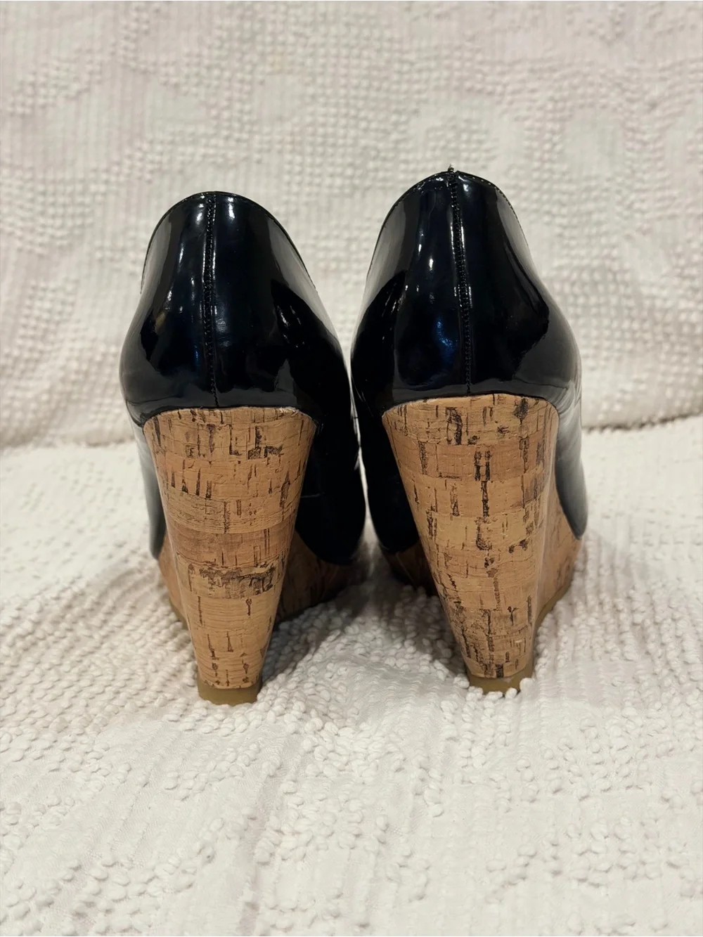 Sam & Libby Black Patent Cork Wedge Peep Toe Pumps - Picture 6 of 8